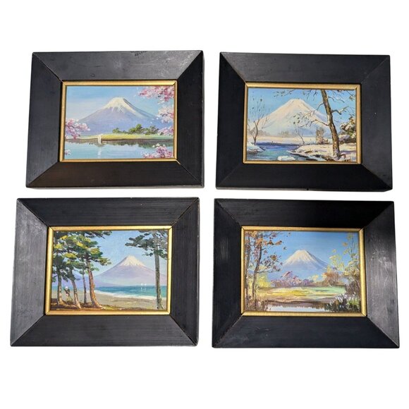 Set Of 4 Hand-Painted Mount Fuji Seasonal Scenes in Black & Gold Wooden Frames - Picture 3 of 16